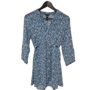 H&M long sleeve fit & flare V-neck Sheer Dress size 6 Blue with Floral Print